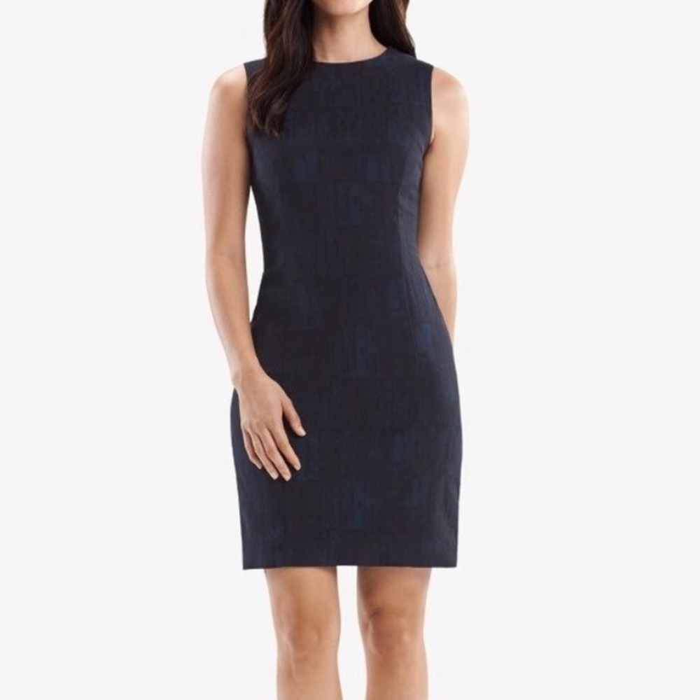 MM Lafleur Shirley Sheath Dress in Blue Black Brush Jacquard Sleeveless - 14